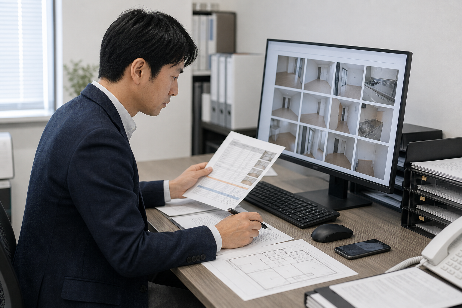 管理会社担当者が物件情報を整理する様子